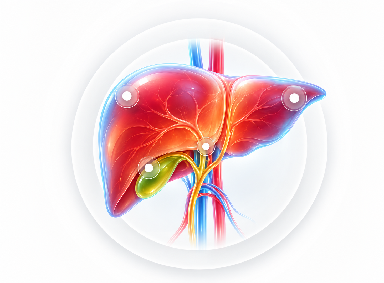 Illustration of the liver with its right and left lobes, gallbladder, bile ducts and main blood vessels
